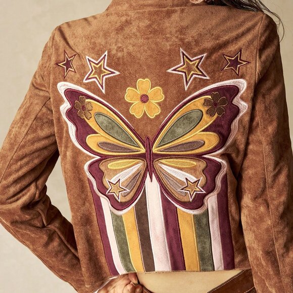 Boho Brown Women's Butterfly Embroidery Patchwork Nomadic Jacket - Picture 2 of 6